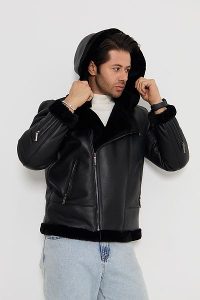 By Marki Marki Men's Leather Coat - Hood and Fur Inside, Black, Detachable Hood - 501222