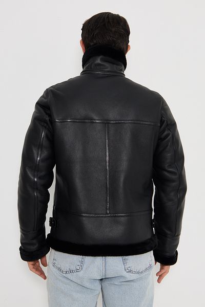 By Marki Marki Genuine Sheepskin Hooded Men's Leather Pilot Coat - Black 501322