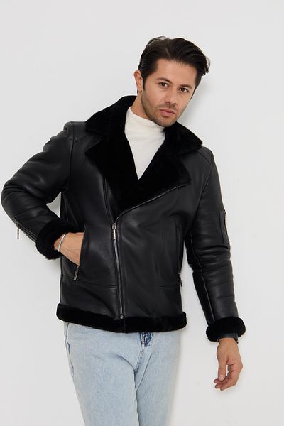 By Marki Marki Genuine Leather Men's Coat - Hooded, Black, Zippered - 501422
