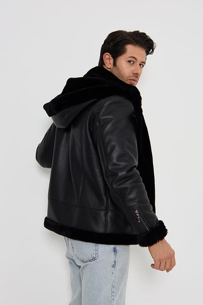 By Marki Marki Men's Leather Coat - Hood and Fur Inside, Black, Detachable Hood - 501222