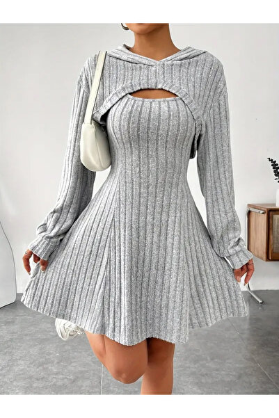 buğrahayalin Women's Long Sleeve Hooded Jacket Top and Strapless Square Neck A-Line Ruched Camisole Elb