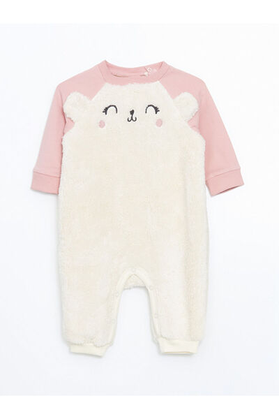 LC Waikiki Ecru Crew Neck Plush Baby Girl Jumpsuit