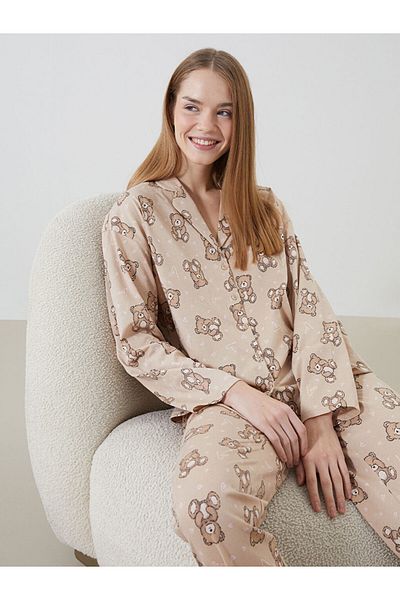 LC Waikiki Shirt Collar Patterned Women's Pajamas Set W4G486Z8Nvy