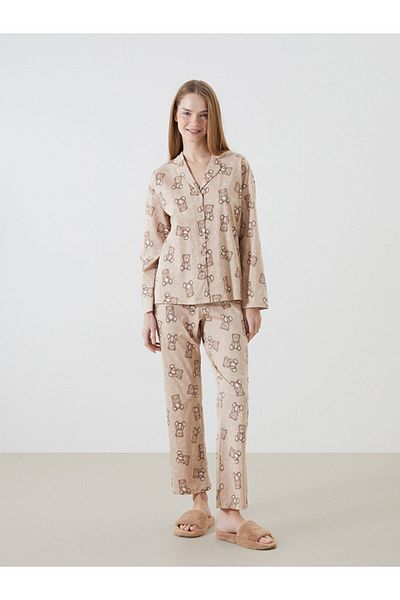 LC Waikiki Shirt Collar Patterned Women's Pajamas Set W4G486Z8Nvy