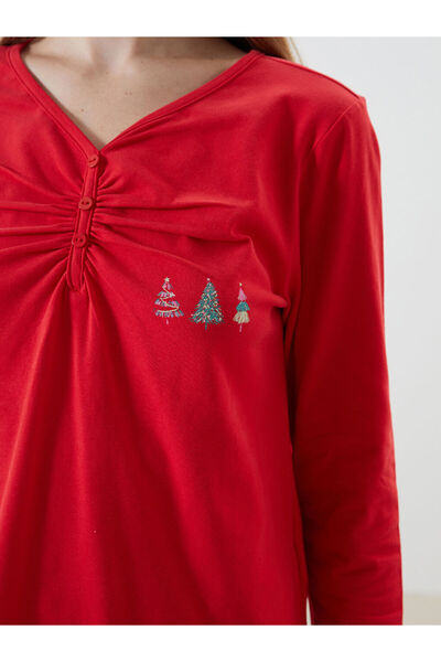 LC Waikiki Red V-Neck Christmas Themed Women's Pajama Set