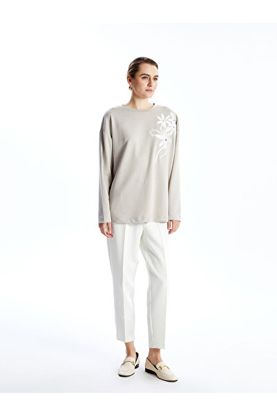 LC Waikiki Gray Crew Neck Printed Oversize Women's T-Shirt