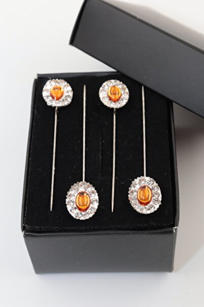 NUMETAL 4’lü Oval Turuncu Taşlı Eşarp İğnesi. Şal İğnesi. Türban İğnesi. Başö...