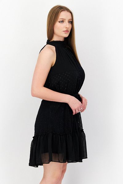 Taylor Women Lace-trim Belted Halter Mini Dress, Black