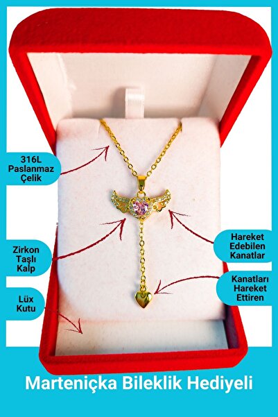 SeyCey.co Lüx Kadife Kutuda | Pembe Taşlı Melek Kanatlı Kalp Kolye | 316l Çel...