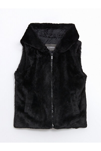 LC Waikiki Lcw Kids Black Hooded Faux Fur Vest for Girls