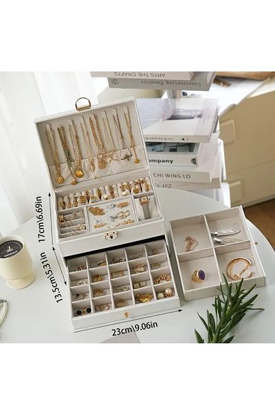 asya bijuteri 3-Tier Modern Jewelry Organizer,Lockable Faux Leather Jewelry Box 23*13*17cm