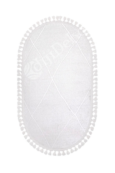 Dijidekor Halı Beyaz Cool Bohem Desenlidesenli Yıkanabilir Saçaklı Oval Yolluk Salon Halısı