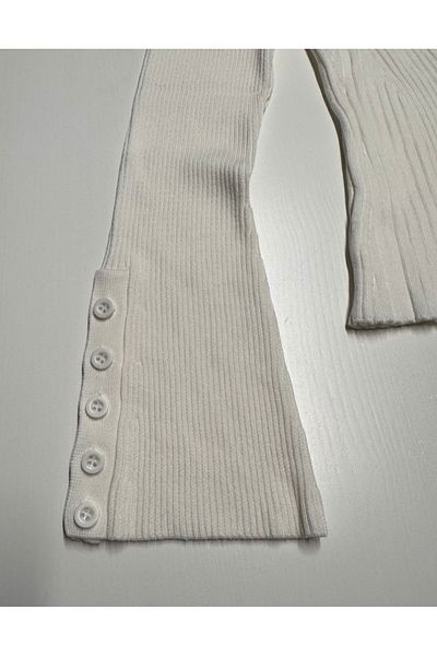 Dilvin Polo Neck Buttoned Ribbed Knitwear Sweater-Ecru