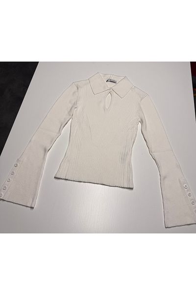 Dilvin Polo Neck Buttoned Ribbed Knitwear Sweater-Ecru