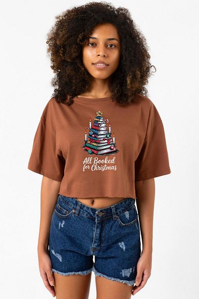 Tshirthane All Booked for Christmas Brown Women's Crop Tshirt