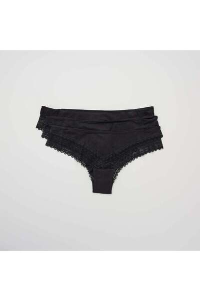 KIABI Pack of 3 cotton and lace tanga briefs BLACK
