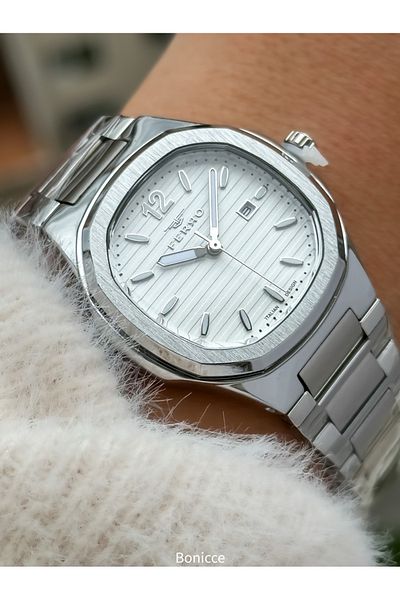 FERRO Brand Gray Color Steel Band with Cornered Case Women's Wrist Watch+Bracelet