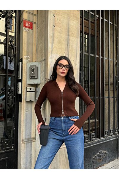 ANBLYs COLLECTION V YAKA FERMUARLI Uzun Kollu TRİKO HIRKA
