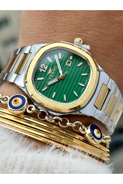 FERRO Brand Yellow Silver Color Steel Band,Green Dial,Cornered Case Women's Wristwatch+Bracelet
