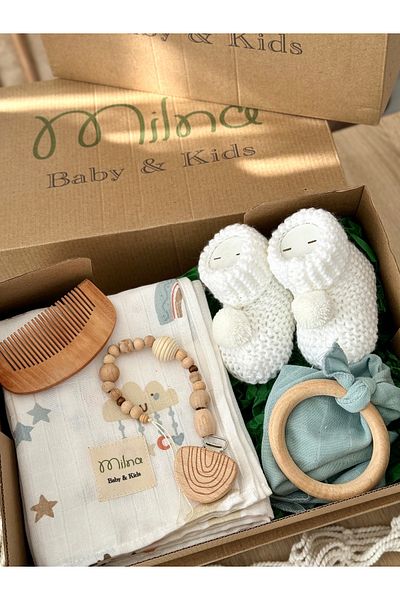 MİLNA BABY&KİDS طقم موسلين مرحبًا بالمولود الجديد، طقم حزام مصاصة للأطفال، مشط