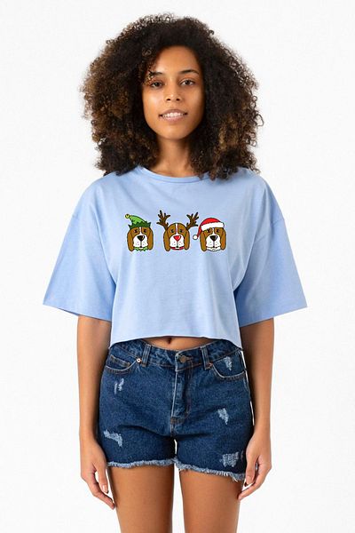 Tshirthane 3 Wise Beagles Christmas Baby Blue Women's Crop Tshirt