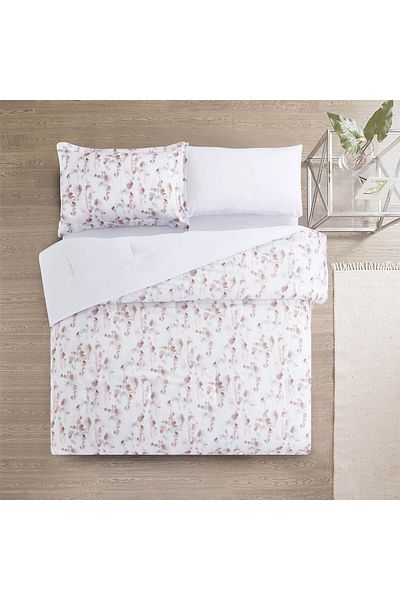 In House طقم لحاف من الألياف الدقيقة من رويس، 4 قطع، مقاس كوين، 240×190 سم، أبيض ووردي