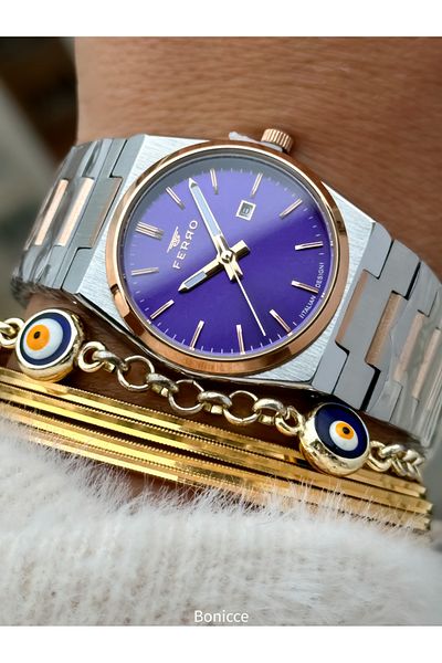 FERRO Brand Silver Rose Color Steel Band, Purple Dial, Women's Wristwatch+Bracelet with Calendar