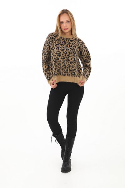 sportiness Leopard Patterned Soft Oversized Knitting Sweater with Beat