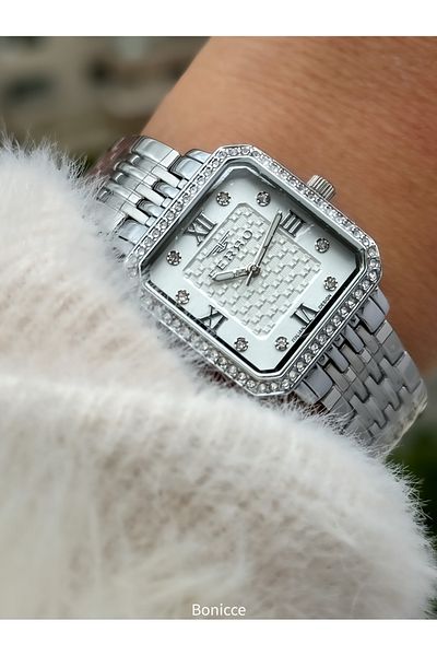 FERRO Brand Silver Color Steel Band, White Dial, Square Case Women's Wristwatch + Bracelet