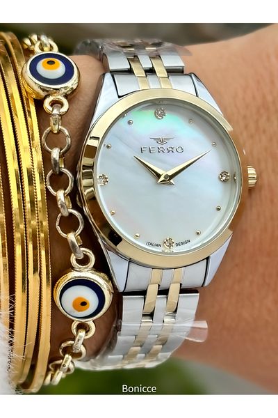 FERRO White Women's Wrist Watch with Yellow Silver Color Steel Band and Bracelet Gift