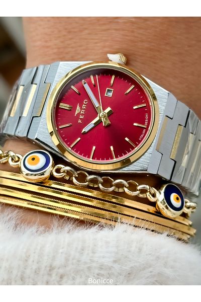 FERRO Brand Silver Yellow Color Steel Band, Red Dial, Women's Wristwatch+Bracelet with Calendar