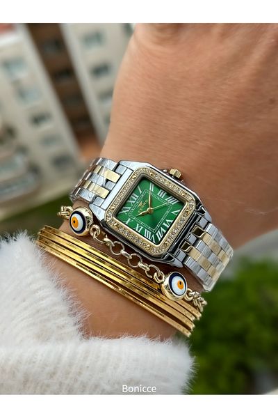FERRO Brand Yellow Silver Color Steel Band,Green Dial,Square Case Women's Wristwatch+Bracelet