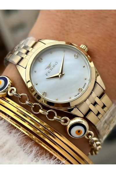 FERRO White Women's Wrist Watch and Bracelet Set with Yellow Steel Band