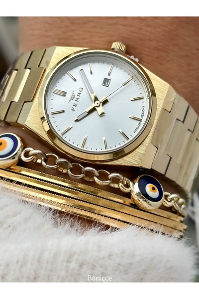 FERRO Brand Yellow Color Steel Band, White Dial, Calendar Women's Wristwatch + Bracelet