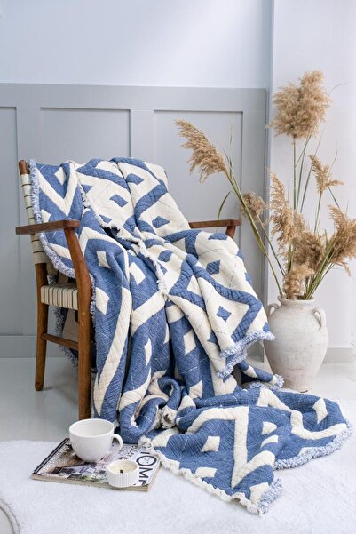 Tasarım Hb&Victory Muslin 7 Layer Jacquard Oversized Indigo Blue Color Quilt 240X260 cm
