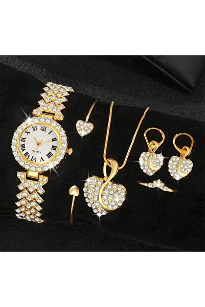 stainless steell VİP kuvars saat kalp işlemeli 6 parça lüks set