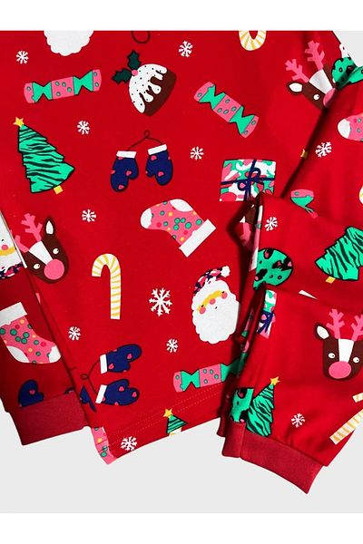 elmas kids Girl's 100% Cotton New Year's Christmas Christmas Themed Pine Tree and Candy Print Pajamas Set