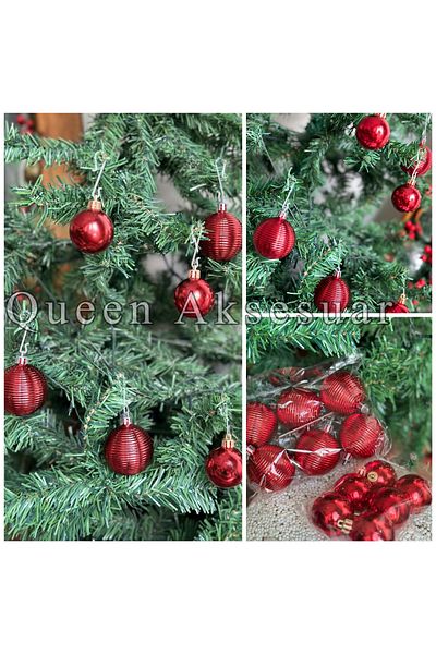 QUEEN AKSESUAR Imported Economic Collectable Cici Ball Pine Wood Decoration Ornament Metallic Glossy Set of 12 Red