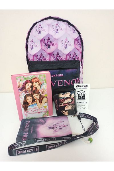 Alanç Gift Custom Design for School - Black Pink Printed Backpack, Notebook, Pen Holder and Wallet Set