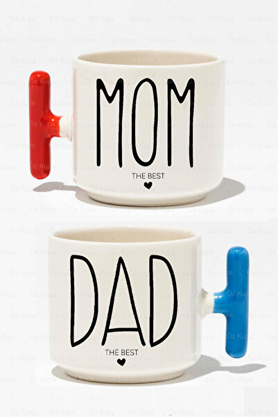 Öz Kupa Mom Dad The Best Baskılı Çift 2'li Renkli T Kulp Kupa Bardak