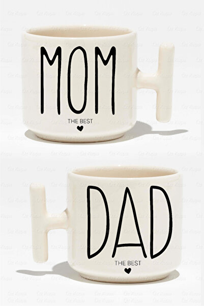 IŞILAY PROMOSYON Mom Dad The Best Printed Pair of 2 White T Handle Mugs