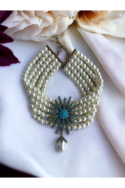 FAYRA ACCESSORIES Turkuaz Taşlı Beyaz İnci Sallantılı Kolye