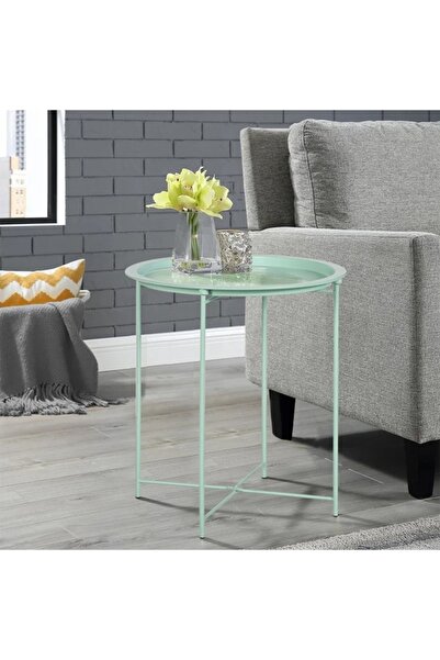 Taimi Modern Metal Round Folding Table, Nonslip Rubber, Portable Coffee Table, Green, 40x53x40cm