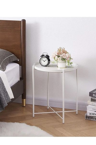 Taimi Metal Tray End Table, Round Coffee Side Table Waterproof Outdoor Small Table, White 40x53x40cm
