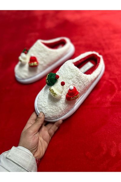 SAGİYEEK Red Santa Claus Design - Plush Front Closed Flat Slippers, Christmas New Year