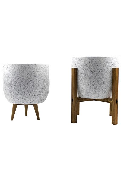 BİTKİ TASARIMI Beyaz Granit Toprak Saksı Saksılık Salon Çiçeklik İkili Set 3 ...