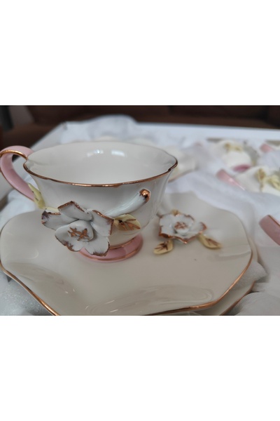 PasajdanBul 6 Kişilik 12 Parça Kabartmalı Gül Desenli Çok Ihtişamlı Kahve Fin...