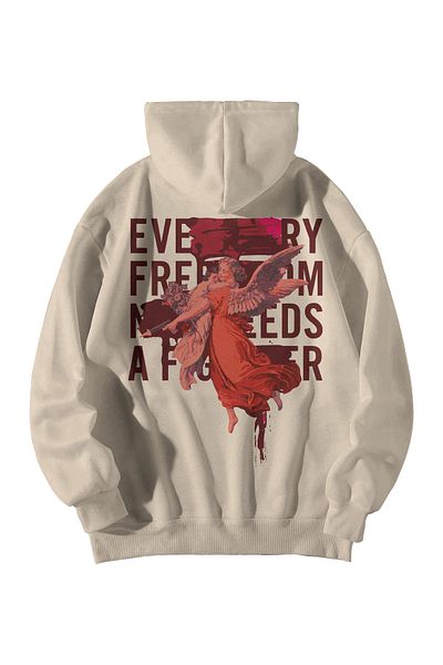 GlowUP Every Freedom Gangsta Angel Printed - Oversize Hoodie and Kangaroo Pocket Cream Hoodie