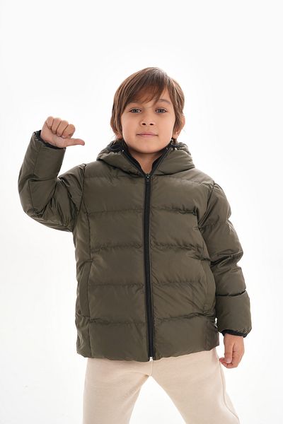 Mina Girl-Boy Khaki Filled Inner Fleece Hooded Winter Inflatable Children's Coat Coat