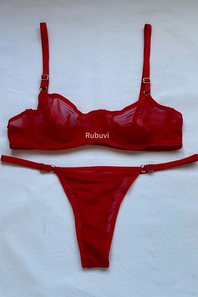Rubuvi Lora Women's Red Capless Underwire Tulle Bralet Dowry Underwear Bra Set Lingerie Set